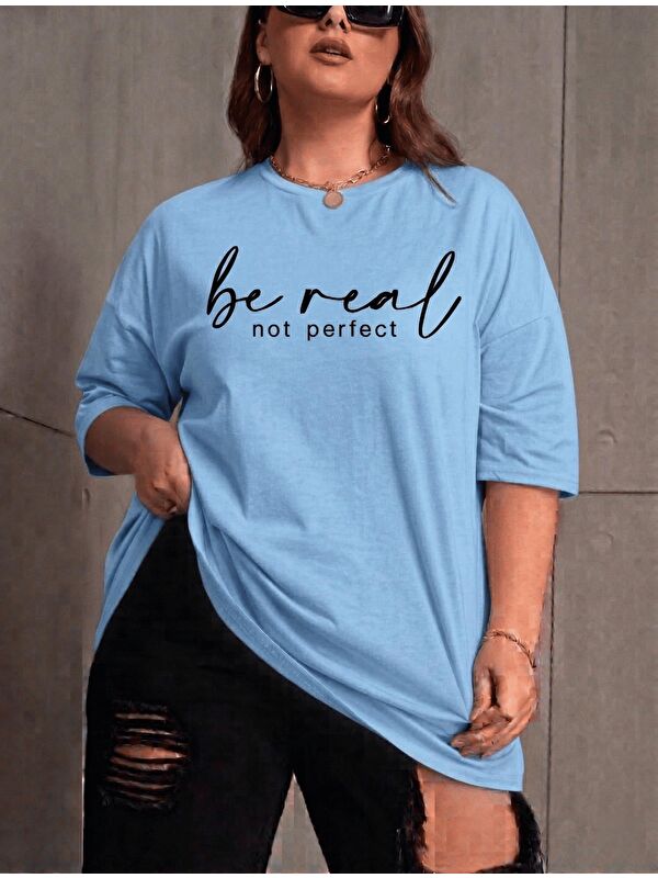 Oksit Be Real Kadın Büyük Beden Battal Baskılı Bisiklet Yaka Pamuklu T-Shirt Rahat Kesim Unisex Sevgili Ko