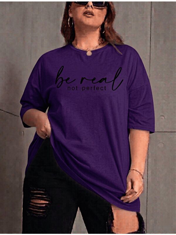 Oksit Be Real Kadın Büyük Beden Battal Baskılı Bisiklet Yaka Pamuklu T-Shirt Rahat Kesim Unisex Sevgili Ko