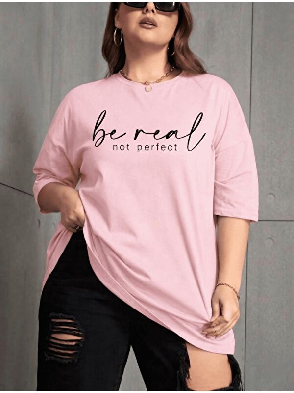 Oksit Be Real Kadın Büyük Beden Battal Baskılı Bisiklet Yaka Pamuklu T-Shirt Rahat Kesim Unisex Sevgili Ko