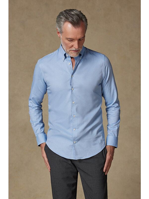 ABBATE Carlo Royal Oxford Pamuklu Slim Fit Açık Mavi Düğmeli Yaka Erkek Düz %100 Pamuk Gömlek