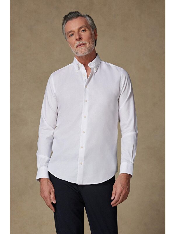 ABBATE Carlo Royal Oxford Pamuklu Slim Fit Beyaz Düğmeli Yaka Erkek Düz %100 Pamuk Gömlek