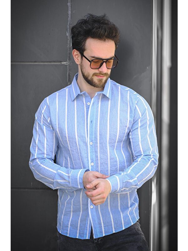 Oksit Ht 9540006 Slim Fit Çizgili Uzun Kol Keten Erkek Gömlek