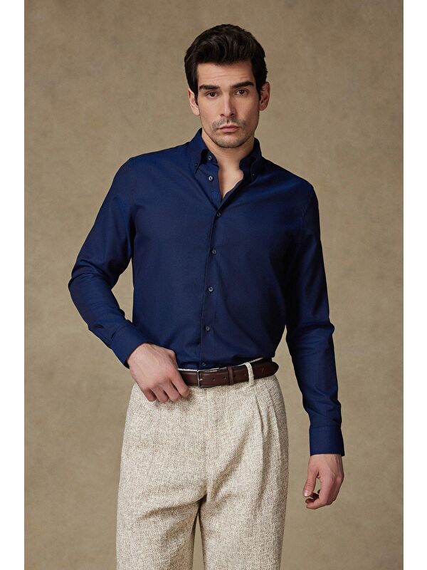 ABBATE Carlo Royal Oxford Pamuklu Slim Fit Lacivert Düğmeli Yaka Erkek Düz %100 Pamuk Gömlek