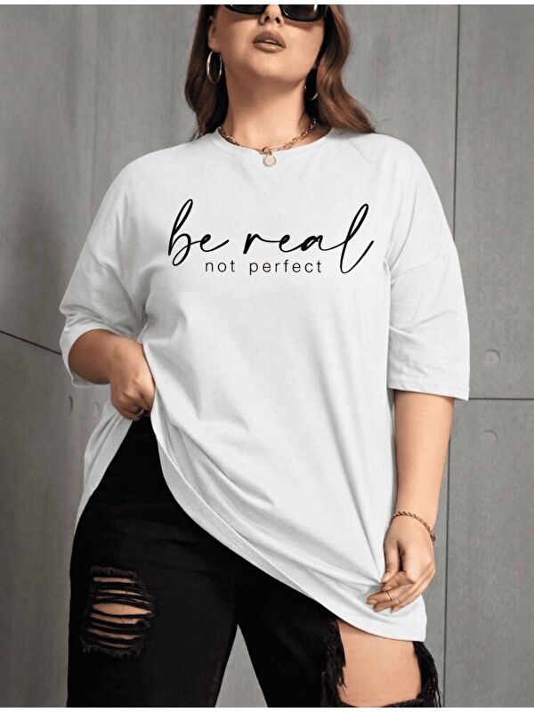 Oksit Be Real Kadın Büyük Beden Battal Baskılı Bisiklet Yaka Pamuklu T-Shirt Rahat Kesim Unisex Sevgili Ko