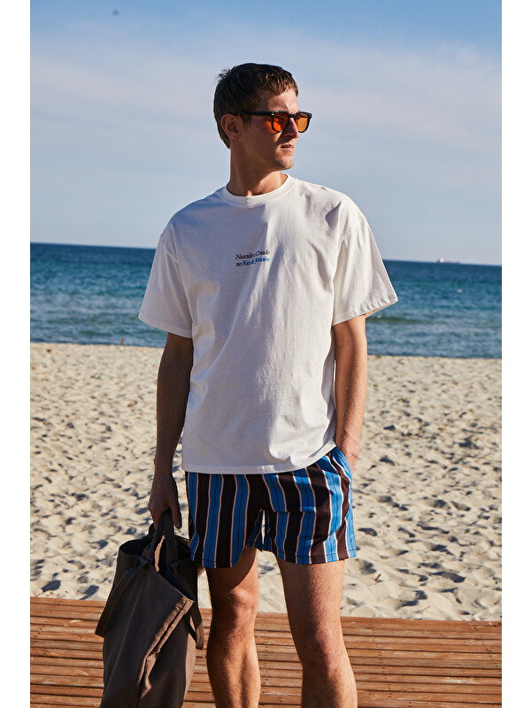 GRIMELANGE COPACABANA Erkek Ön Arka Baskı Detaylı %100 Organik Pamuk Oversize Kısa Kollu BEYAZ T-Shirt