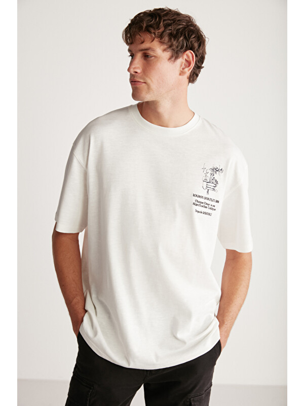 GRIMELANGE ALONZO Erkek Oversize Fit %100 Pamuk Nakışlı Ve Baskılı EKRU T-Shirt
