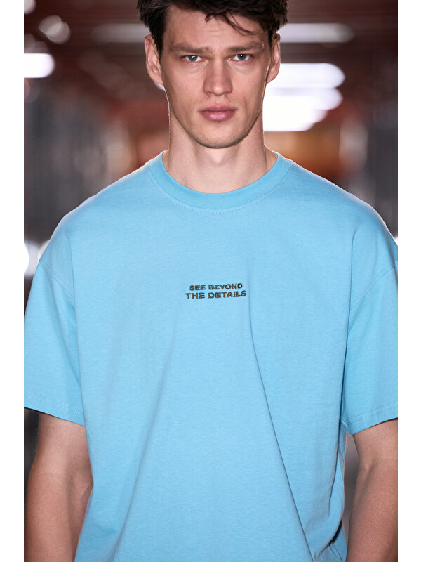GRIMELANGE VITO Erkek %100 Organik Pamuklu Nakış Yazı Detaylı Oversize Bol Kesim Kısa Kollu MAVİ T-Shirt