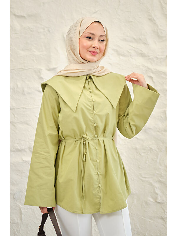Locco Moda Kadın Gemici Yaka Bel Bağlamalı Gömlek Fıstık Yeşil