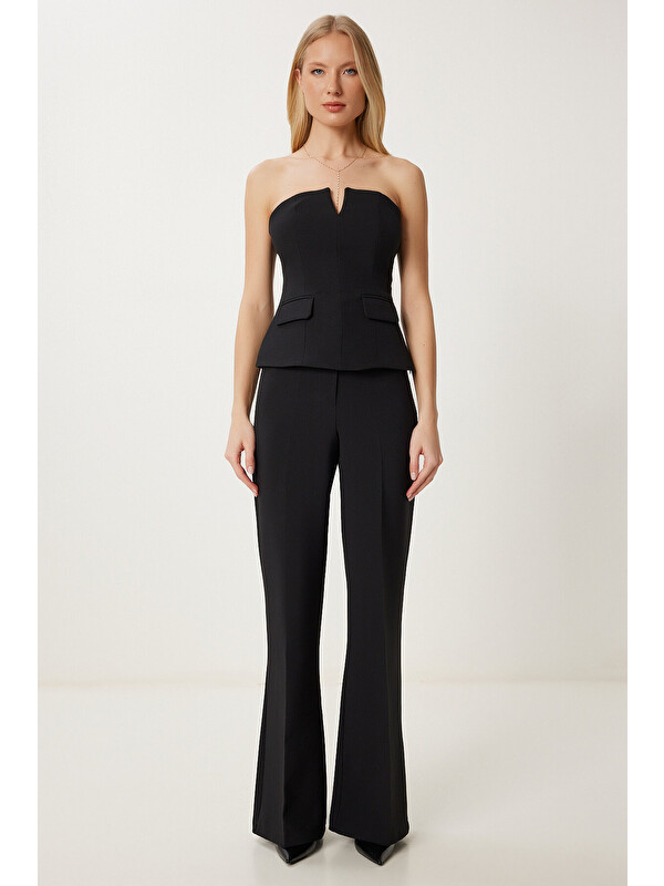 Happiness İstanbul Straplez Dokuma Bluz Pantolon Takım SİYAH LFK0010