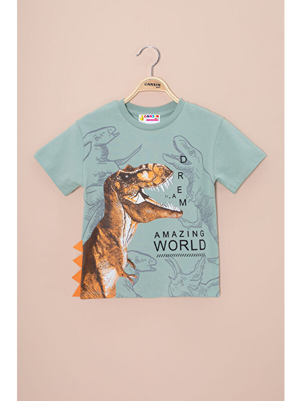 Cansın Mini Yeşil Dinozor Baskılı Bisiklet Yaka Erkek Bebek Tişört 20949