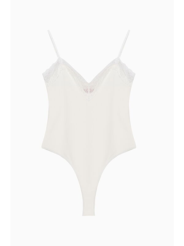 QUZU Dantel Yaka Askılı Bodysuit Ekru