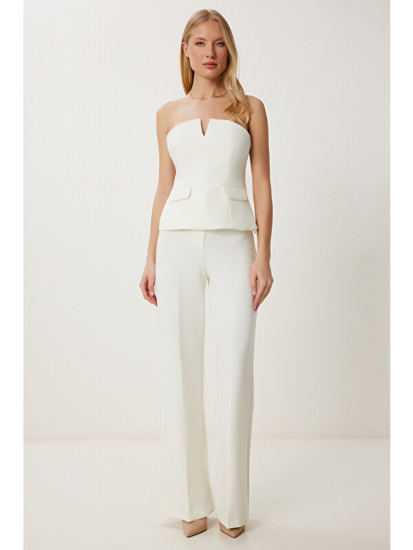 Happiness İstanbul Straplez Dokuma Bluz Pantolon Takım KEMİK LFK0010