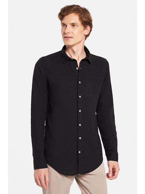 TUDORS Erkek Slim Fit Dar Kesim Uzun Kollu %100 Pamuk Keten Doku Siyah Gömlek
