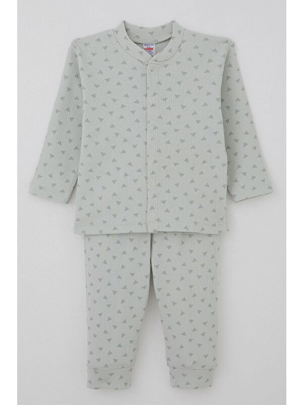 Breeze Erkek Bebek Pijama Takımı Mini Üçgenler Desenli Önden Çıtçıtlı Su Yeşili (4 Ay-1 Yaş)