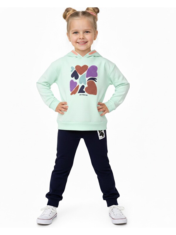 Ege Bebek Kız Çocuk Kalp Baskılı, Kapüşonlu Sweatshirtlü Mevsimlik Alt Üst Eşofman Takımı