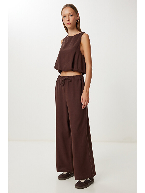 Happiness İstanbul Keten Culotte Pantolon Bluz Takım KAHVERENGİ LRV0116
