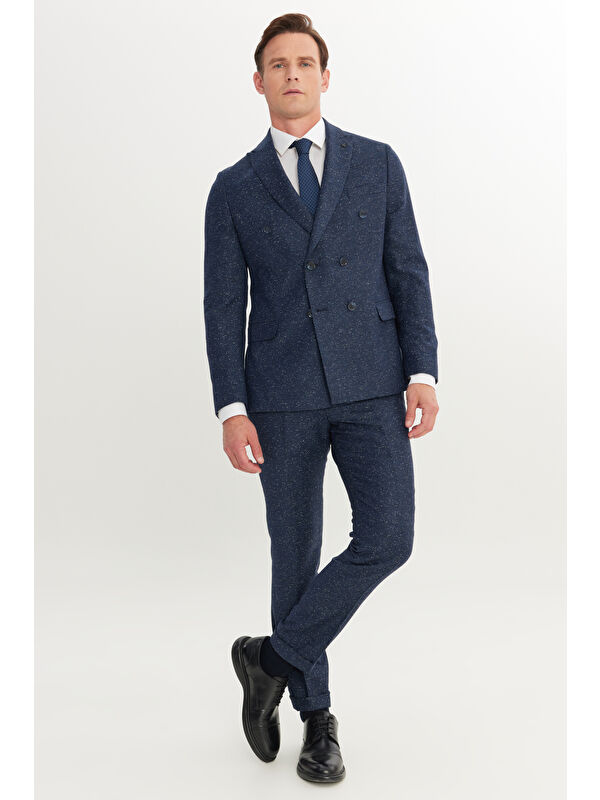 Altınyıldız Classics Erkek Lacivert Slim Fit Dar Kesim Kırlangıç Yaka Desenli Takım Elbise