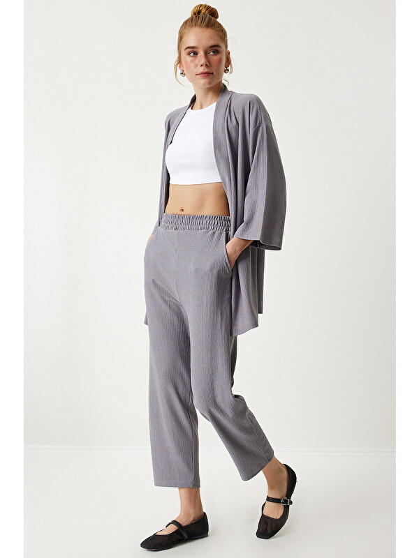 Happiness İstanbul Örme Kimono Pantolon Takımı TAŞ GRİSİ LBY0001