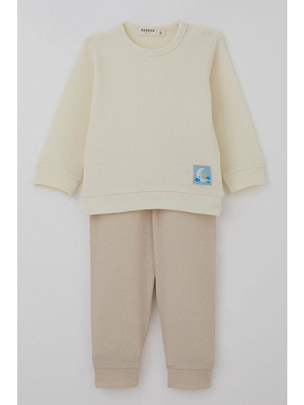 Breeze Erkek Bebek Pijama Takımı Omuzdan Patlı Sevimli Uykucu Yıldız Armalı Krem (4 Ay-1 Yaş)