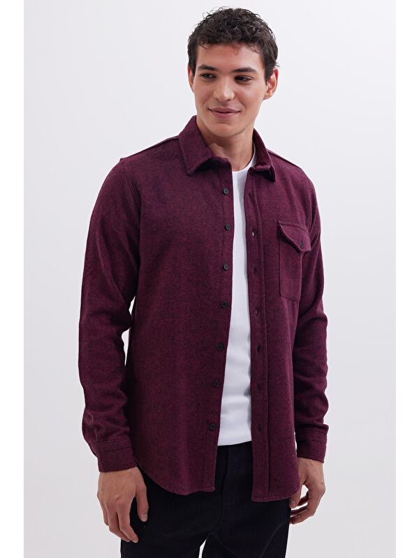 TUDORS Erkek Slim Fit Tek Cep Kapaklı Düz Oduncu Spor Bordo Gömlek