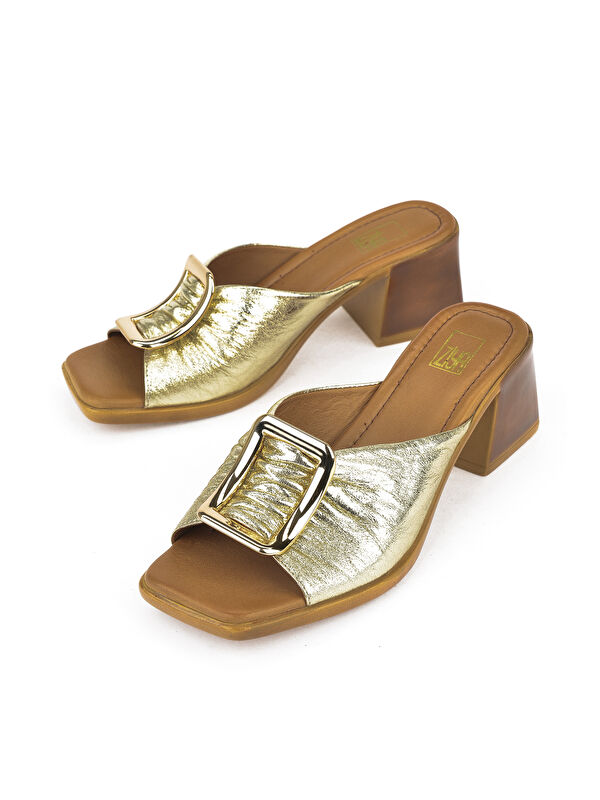 Kadın Hakiki Deri Topuklu Terlik 151992Z19008 Altın - Görsel 6