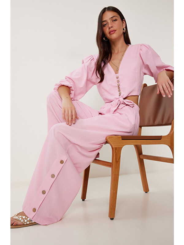 Happiness İstanbul Keten Crop Bluz Pantolon Takım ŞEKER PEMBE LRV0107