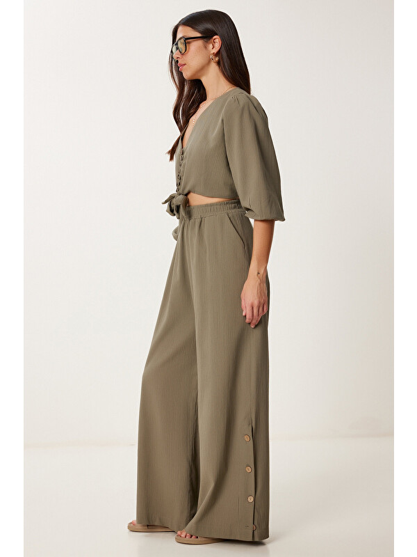 Happiness İstanbul Keten Crop Bluz Pantolon Takım HAKİ LRV0107