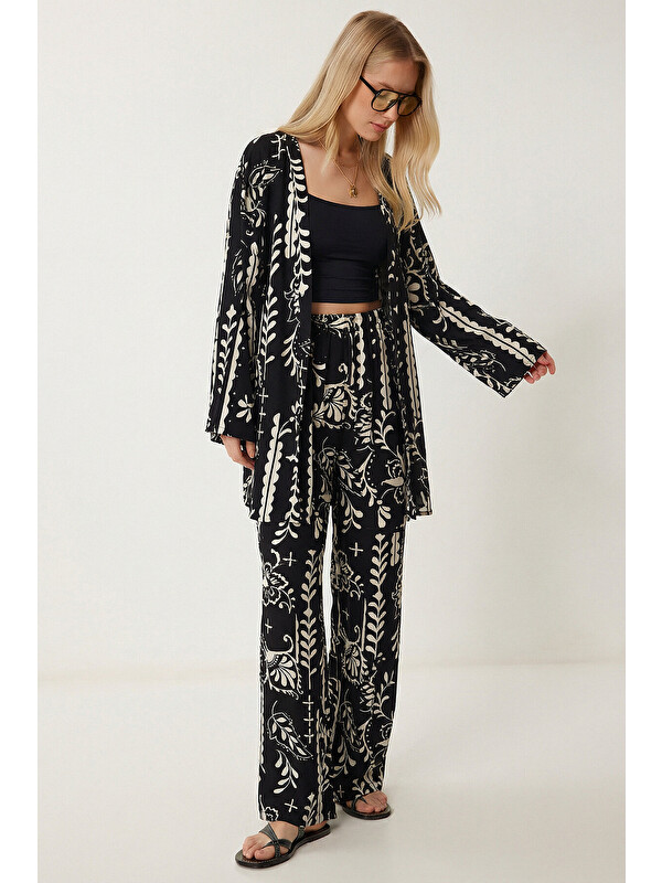 Happiness İstanbul Desenli Yazlık Viskon Kimono Pantolon Takım SİYAH EKRU LRN0013
