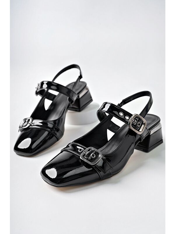 YUQİ Arkası Açık Küt Burun Çift Kemerli Kadın Günlük Klasik Kısa Topuklu Ayakkabı - Görsel 2