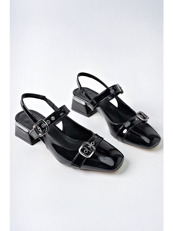 YUQİ Arkası Açık Küt Burun Çift Kemerli Kadın Günlük Klasik Kısa Topuklu Ayakkabı - Görsel 3