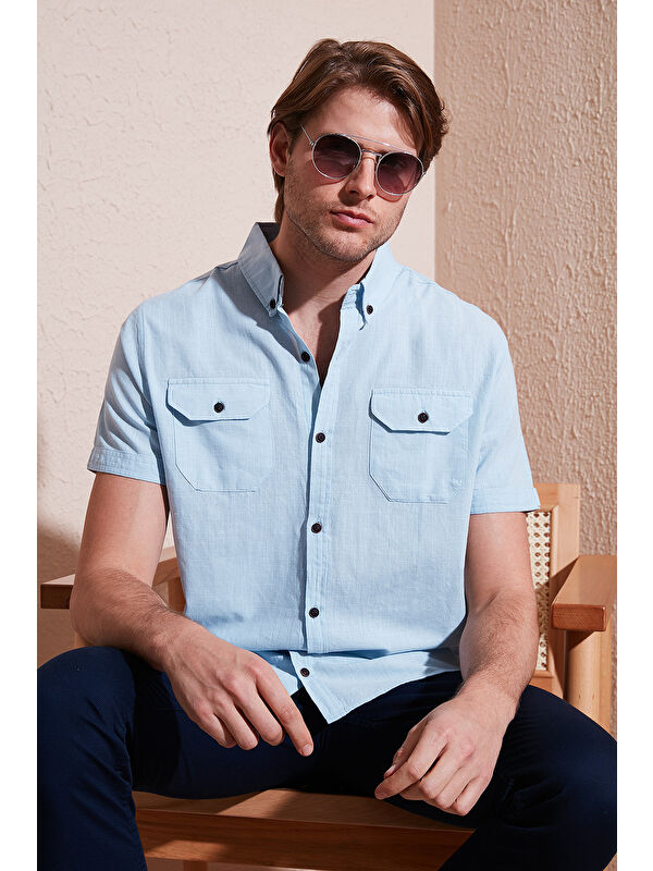 Buratti Düğmeli Yaka %100 Pamuk Slim Fit Cepli Erkek Gömlek CF21S111153