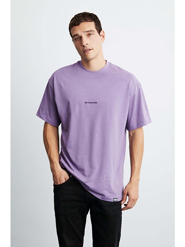 GRIMELANGE RIVER Erkek Oversize Fit Bol Kesim Nakış İşlemeli Basic Örme MOR T-Shirt