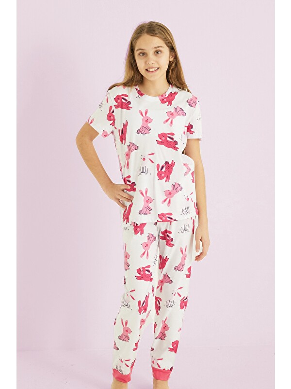 Siyah İnci Kız Çocuk %100 Pamuk Tavşan Baskılı Bisiklet Yaka Pijama Takım25110056