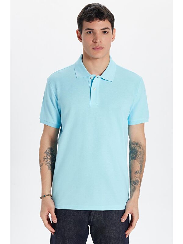 TUDORS Erkek Slim Fit Dar Kesim %100 Pamuk Mavi Polo Yaka Tişört