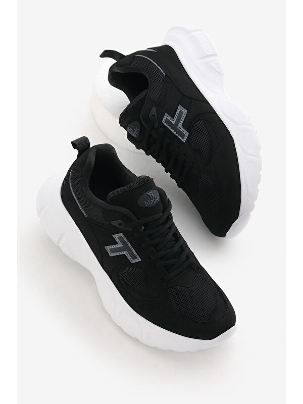 TONNY BLACK Unisex Siyah Beyaz Yüksek Faylon Taban Nefes Alabilen Kumaş Bağcıklı Spor Ayakkabı