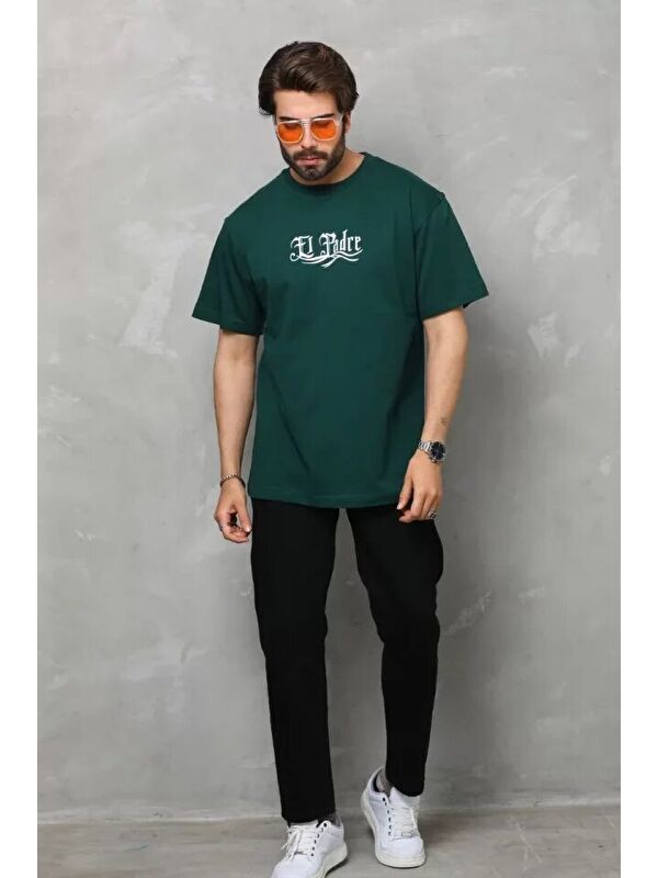 Jane's Unisex Bisiklet Yaka Baskılı Oversize T-Shirt - Yeşil