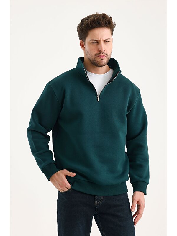 Genius Store Unisex %100 Pamuk Sweatshirt  Pamuklu Içi Polarlı Yarım Fermuarlı Dik Yaka