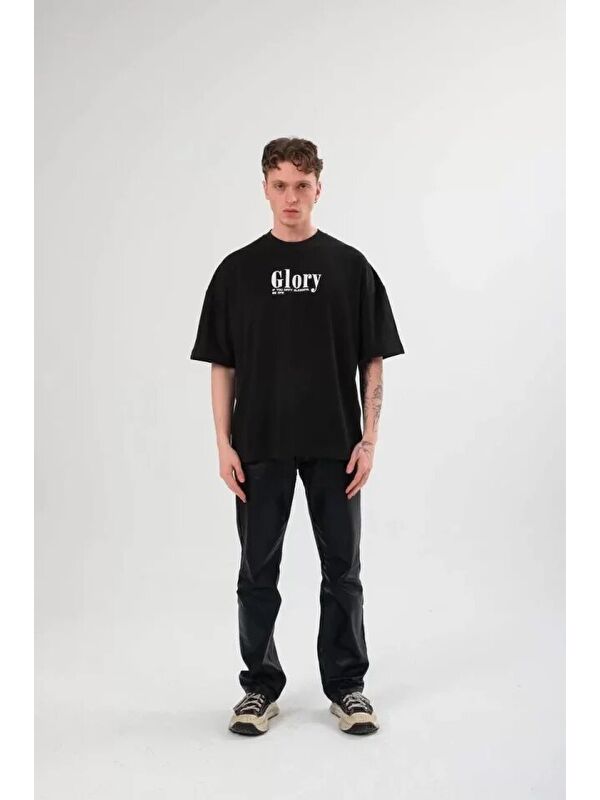 Jane's Unisex Bisiklet Yaka Baskılı Oversize T-Shirt - Siyah