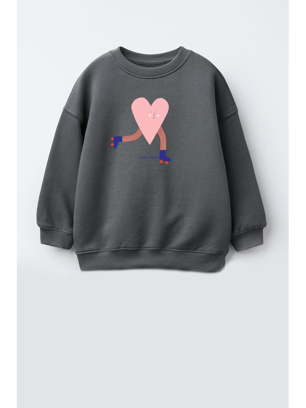 Monila Kız Çocuk Kalp Baskılı 3 İplik Kumaş Pamuklu Sweatshirt