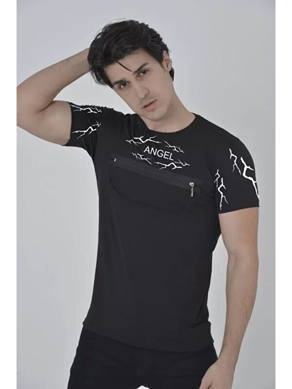 Jane's Unisex Göğüs Fermuarlı Baskılı T-Shirt - Siyah