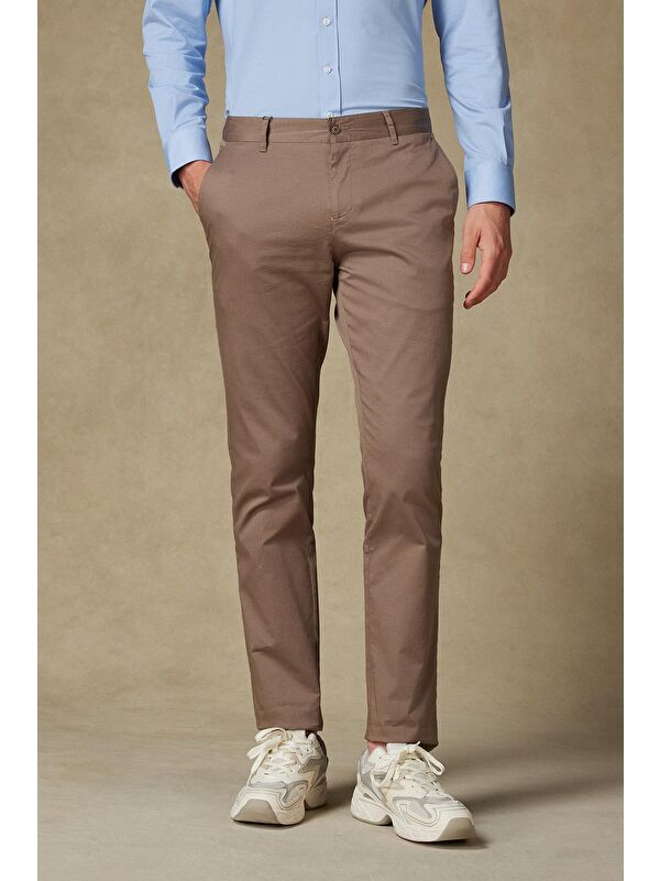 ABBATE Chino Twill Pamuk Karışımlı Slim Fit Koyu Bej Erkek Düz Pantolon