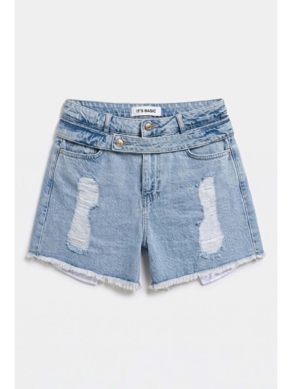 It's Basic Kadın Jean Rengi 11s6-3 Relax Mom Kemer Detaylı Tasarım Denim Şort