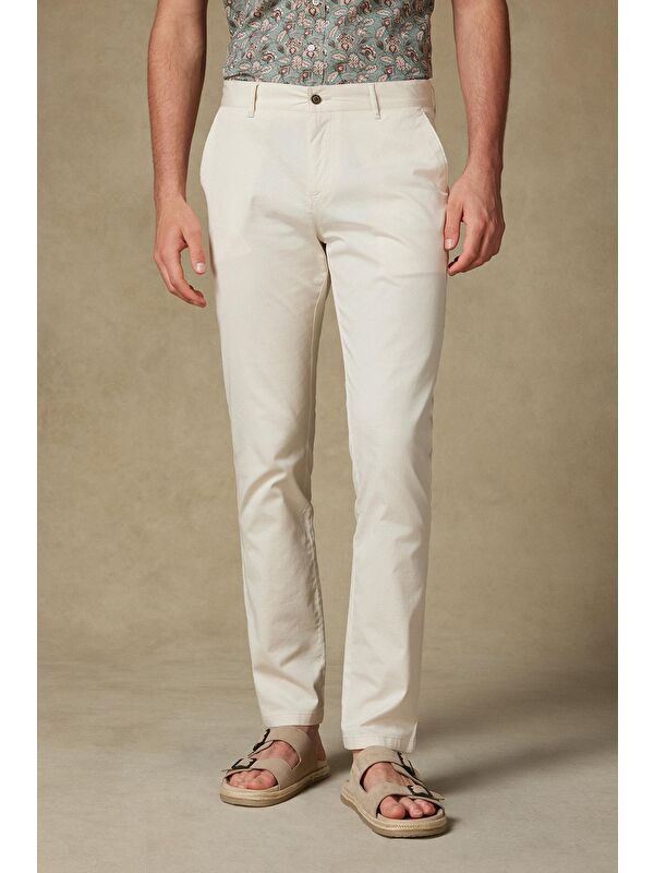 ABBATE Chino Twill Pamuk Karışımlı Slim Fit Krem Erkek Düz Pantolon