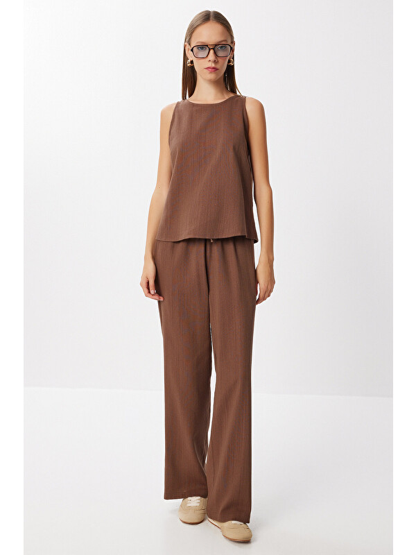 Happiness İstanbul Keten Bluz Pantolon Takım KAKAO LMC0062