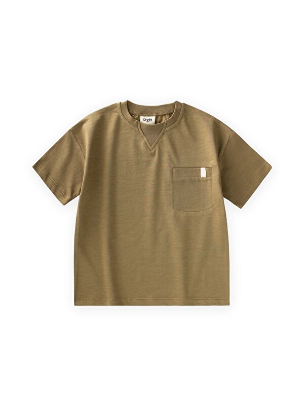 CİGİT Yaka Detaylı T-Shirt 2-12 Yaş Olive