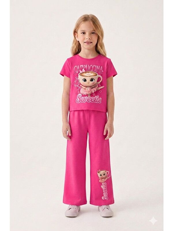 Cansın Mini Pembe Ballerin Baskılı Geniş Paça Taytlı Kız Çocuk 2li Takım 23798