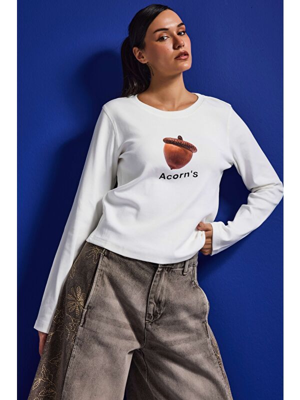 It's Basic Kadın Beyaz w5 Oversize Baskılı %100 Pamuk Sweatshirt
