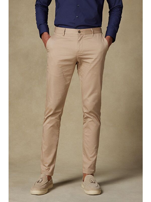 ABBATE Chino Twill Pamuk Karışımlı Slim Fit Bej Erkek Düz Pantolon