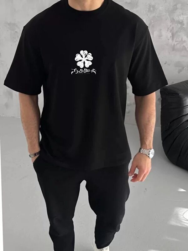 Jane's Unisex Bisiklet Yaka Baskılı Oversize T-Shirt - Siyah