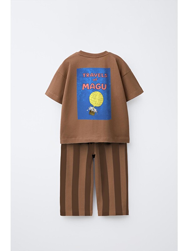 Magu Unisex Çocuk Pamuklu Kahverengi Baskılı T-Shirt Ve Çizgili Pantolon Takım